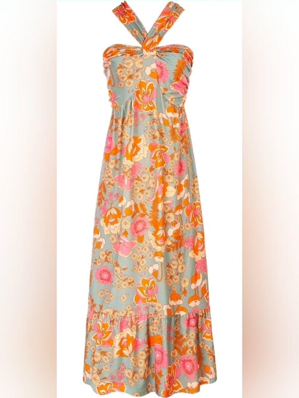 Grace Karin Floral Maxi Dress 2XL Retro Blue Orange Print Pockets Boho